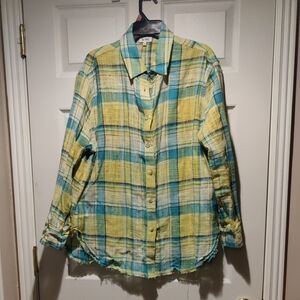 Yellow and Blue Plaid Button-Up Shirt